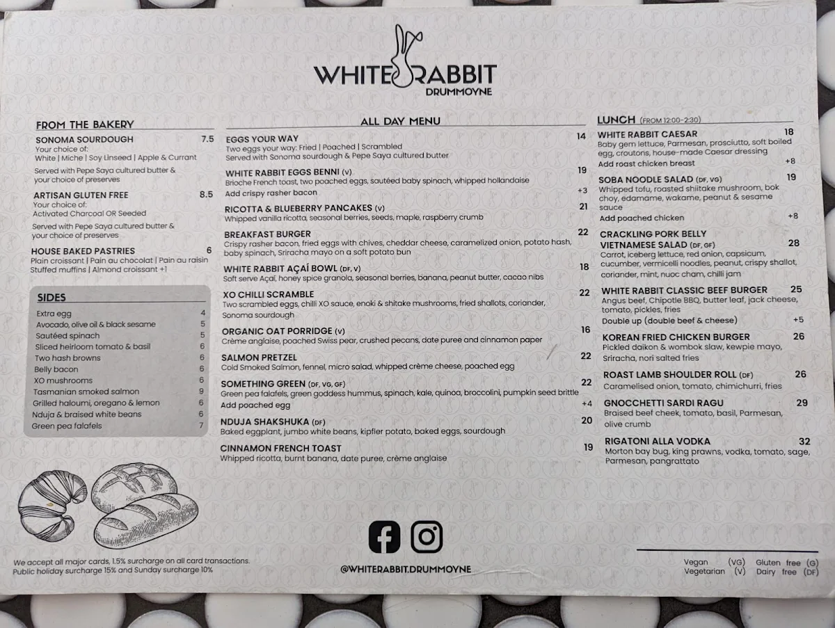 Menu, White Rabbit Drummoyne