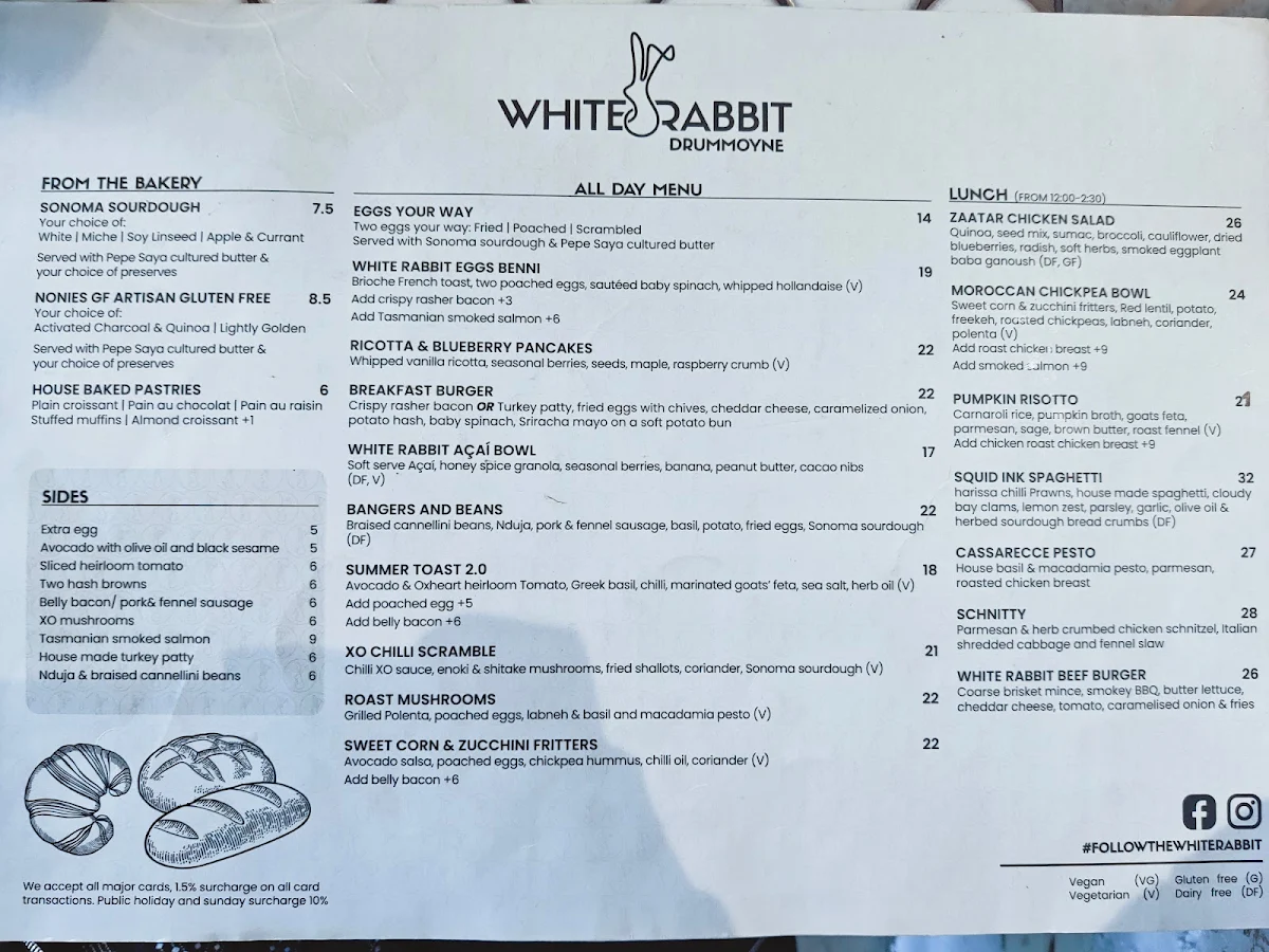 Menu, White Rabbit Drummoyne