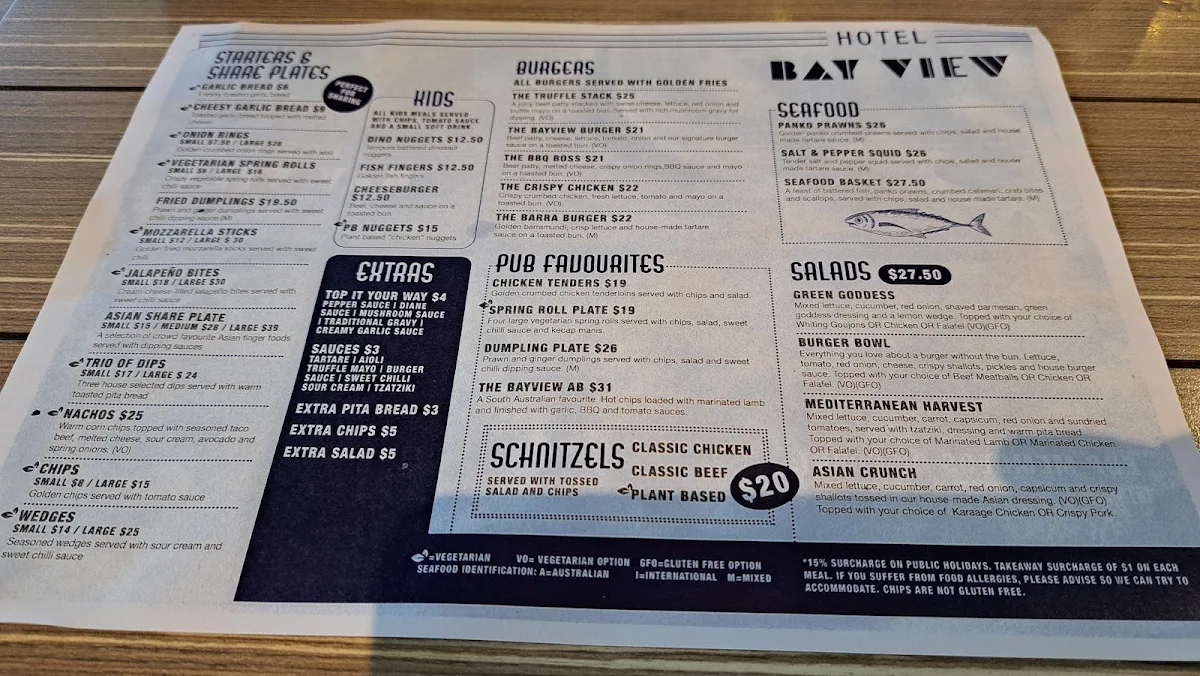 Menu, Hotel Bay View