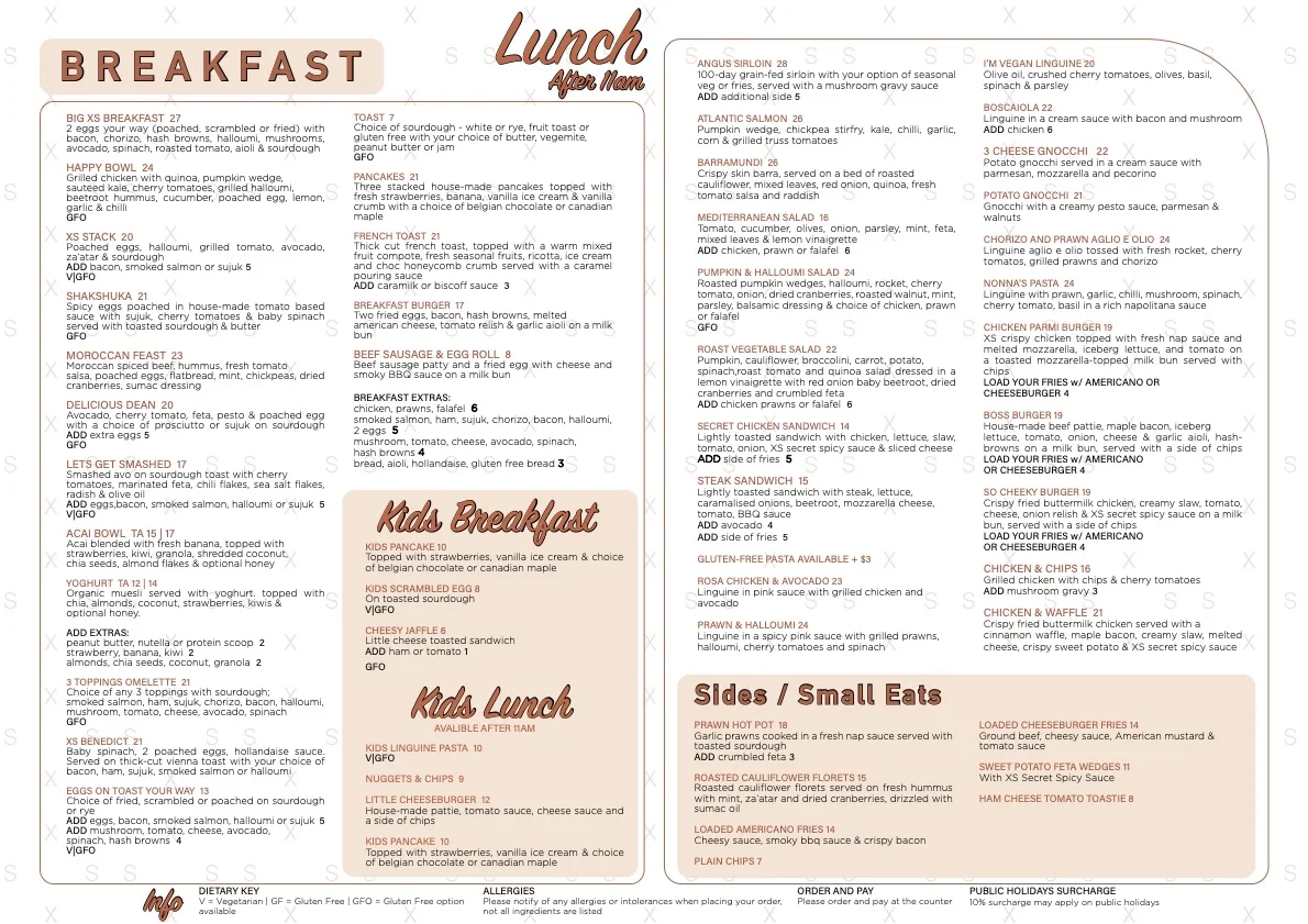 Menu, XS Espresso Moorebank