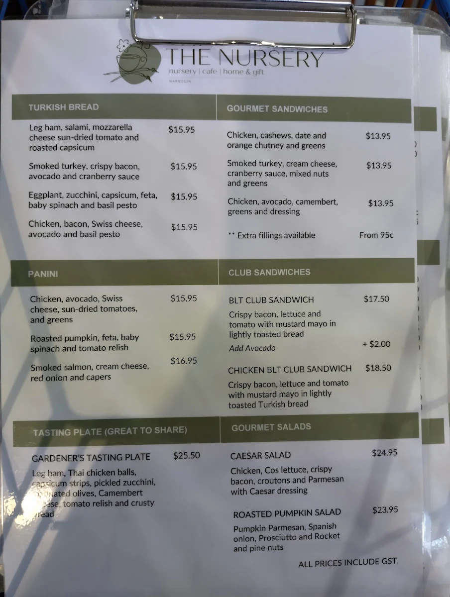 Menu, Narrogin Nursery Cafe & Gallery