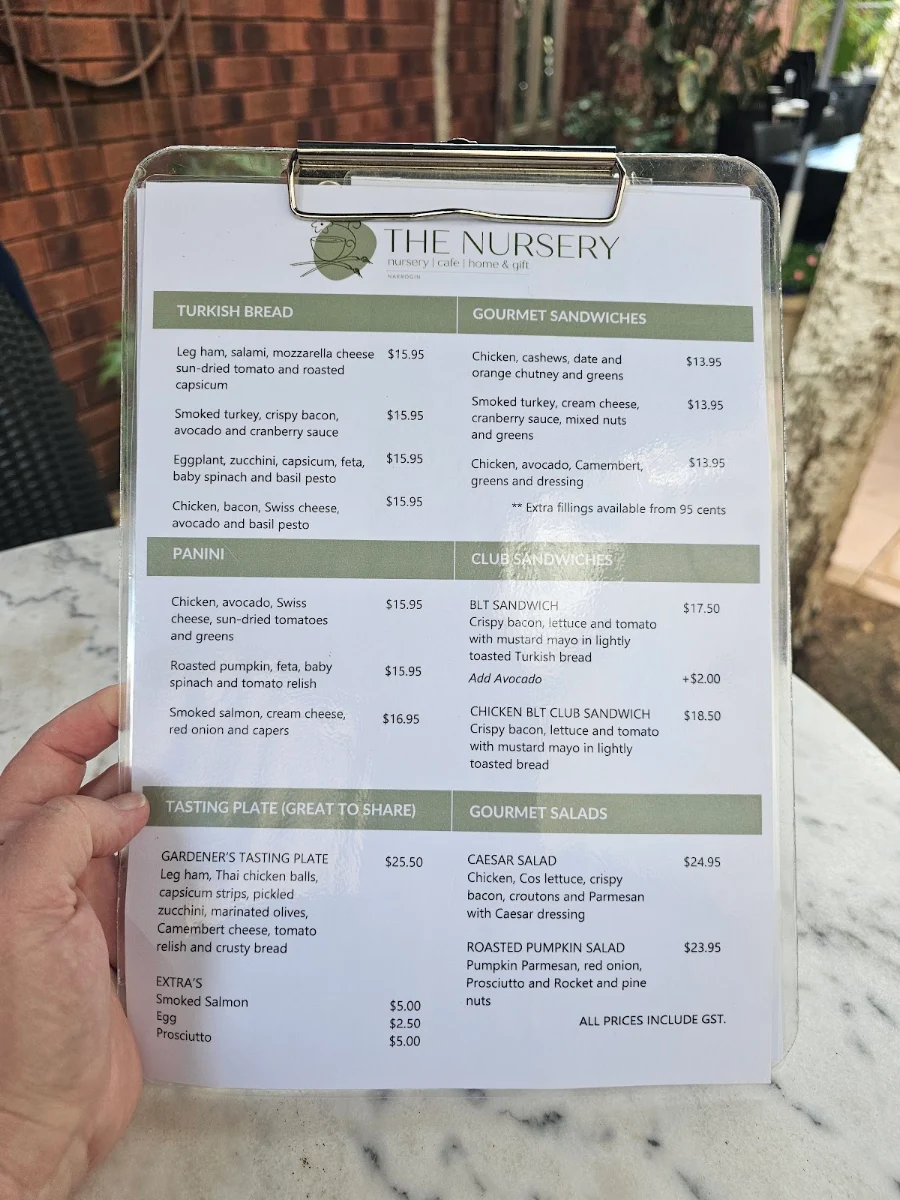 Menu, Narrogin Nursery Cafe & Gallery