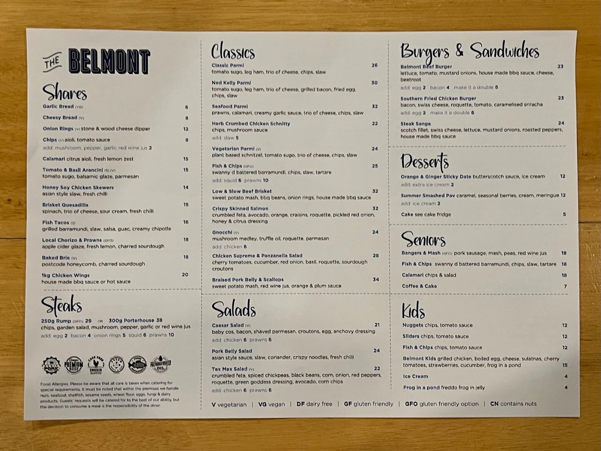 Menu, Belmont Tavern