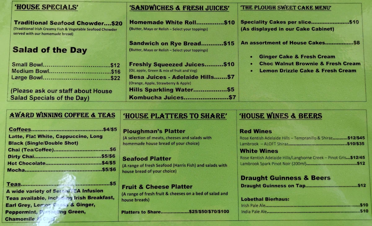 Menu, The Plough Echunga