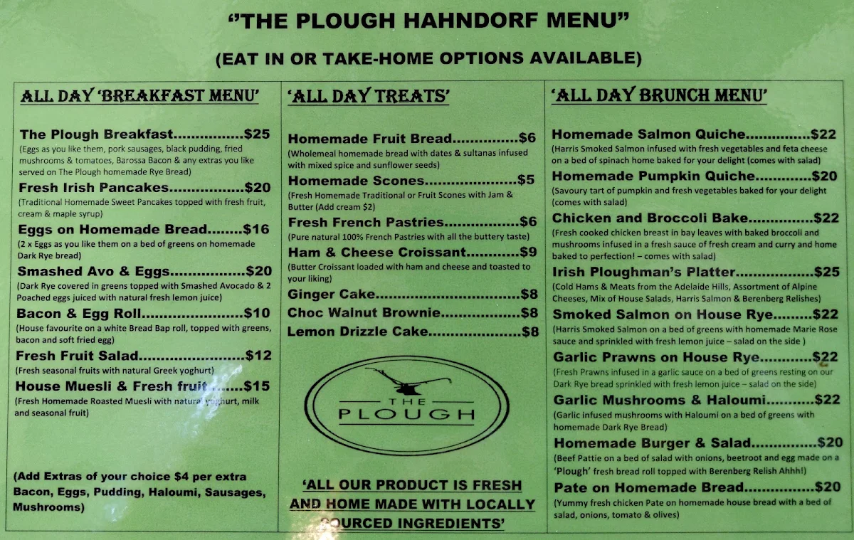 Menu, The Plough Echunga