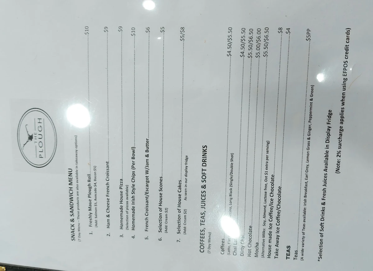 Menu, The Plough Echunga