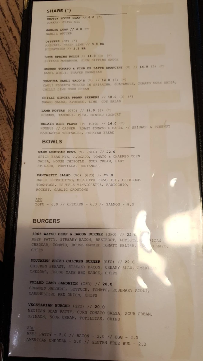 Menu, Belair Hotel