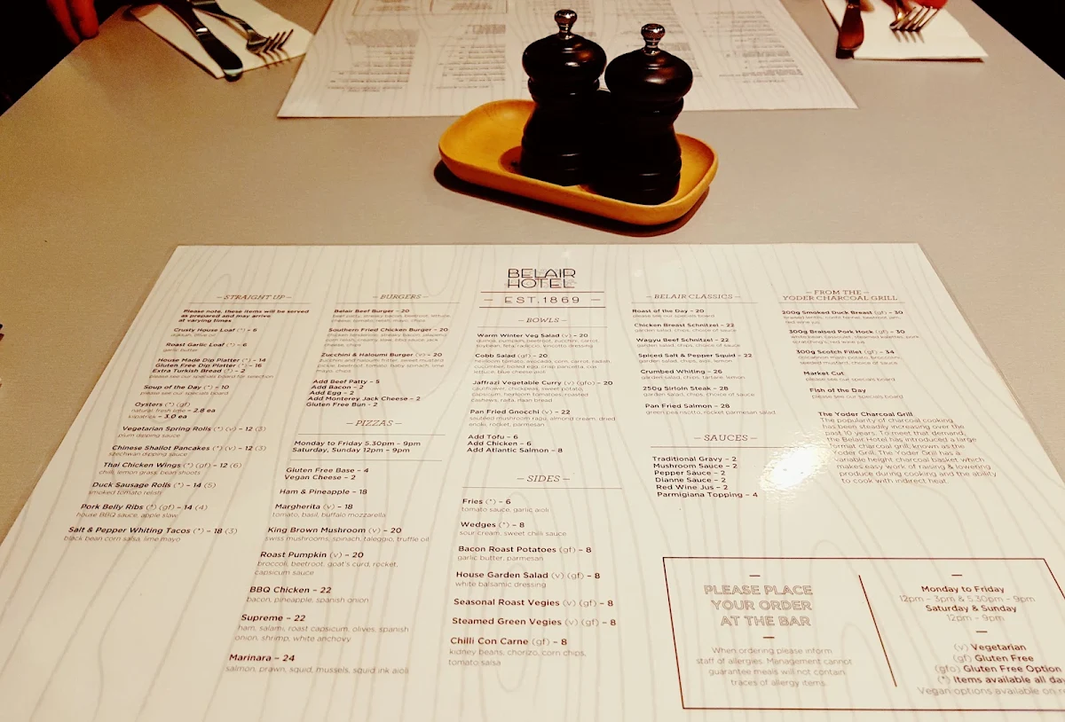 Menu, Belair Hotel