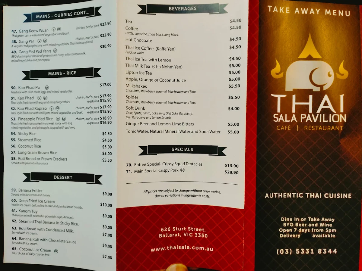 Menu, Thai Sala Pavilion