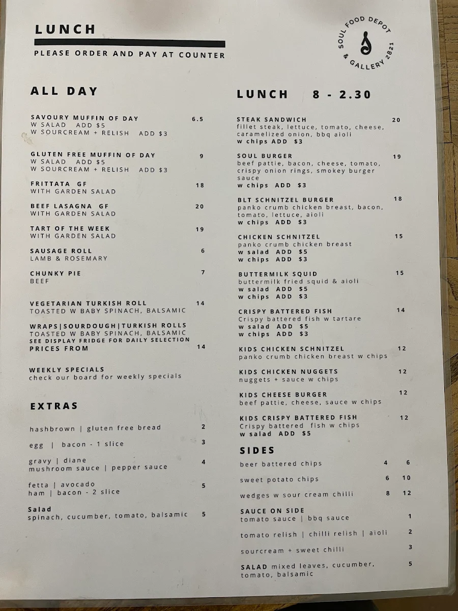 Menu, Soul Food Depot & Gallery