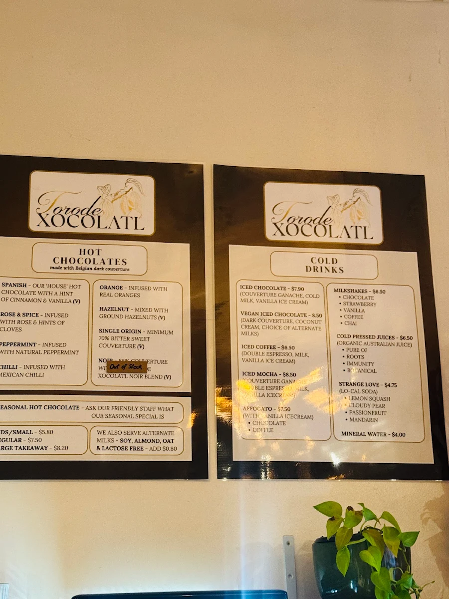 Menu, Xocolatl Artisan Chocolates & Cafe