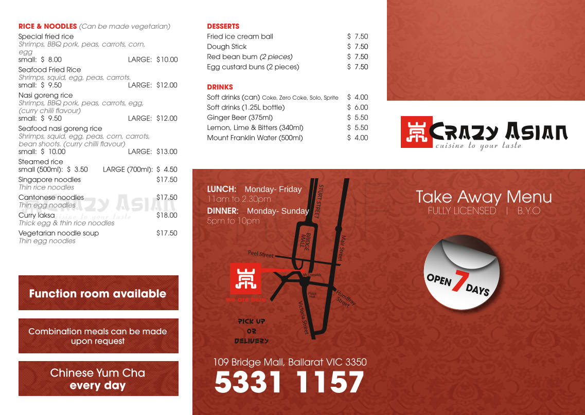 Menu, Crazy Asian Ballarat