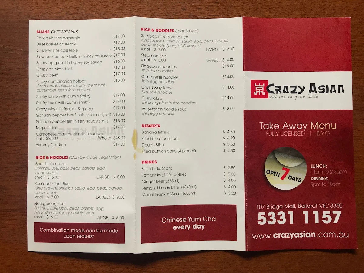 Menu, Crazy Asian Ballarat