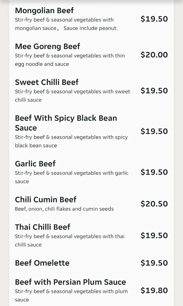 Menu, Crazy Asian Ballarat