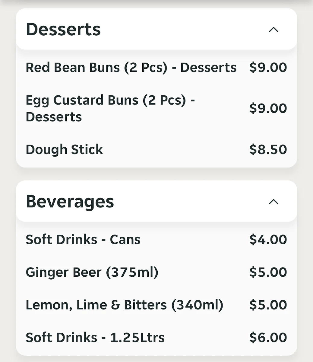Menu, Crazy Asian Ballarat