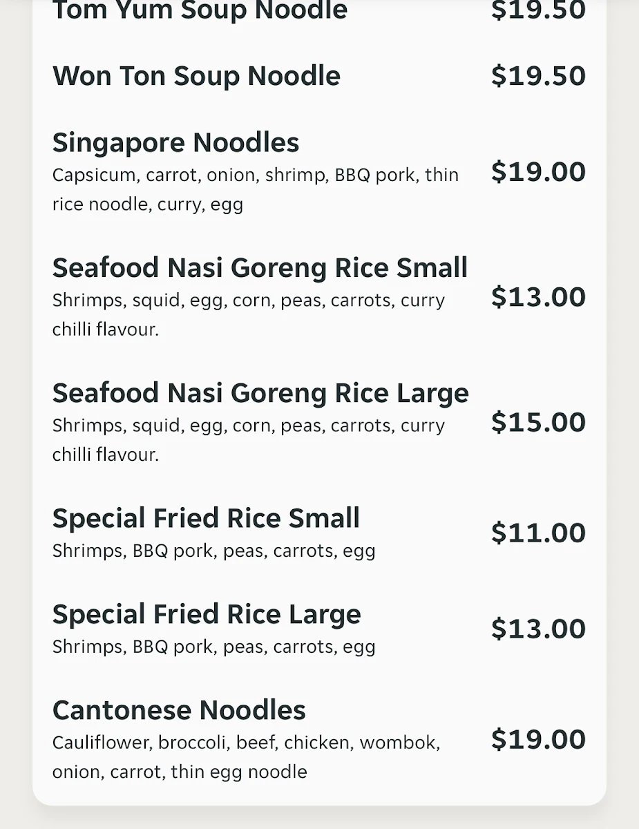 Menu, Crazy Asian Ballarat