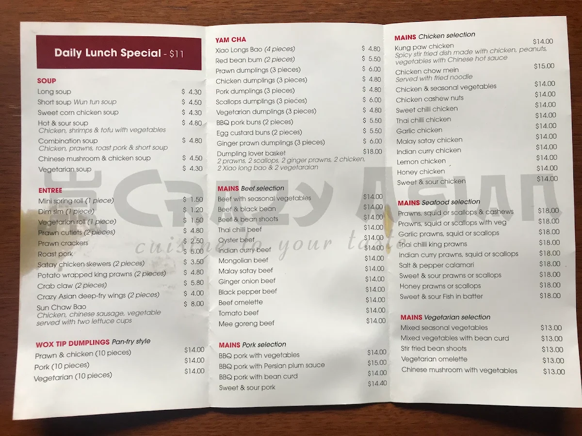 Menu, Crazy Asian Ballarat