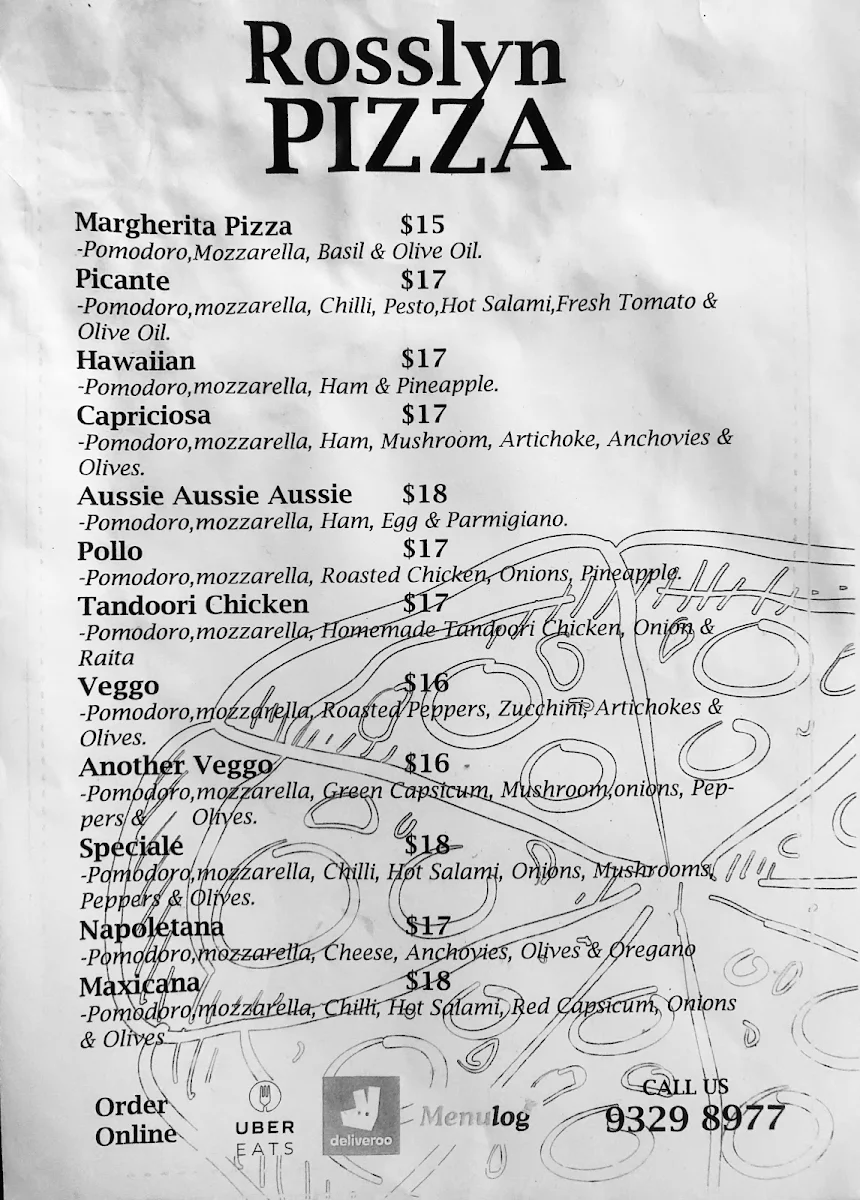 Menu, Rosslyn Pizza