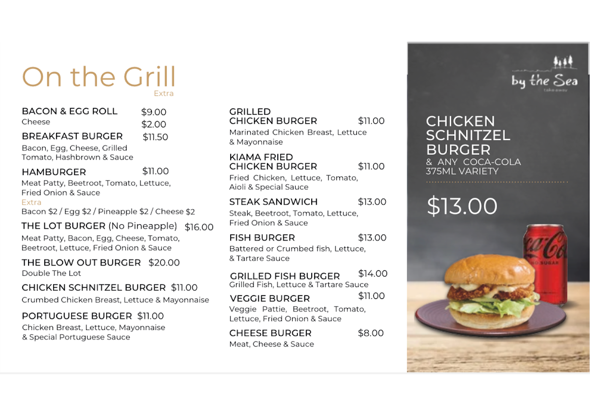 Menu, By The Sea Fish n Chips & Burgers