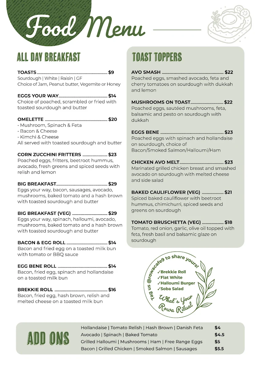 Menu, Rowa Café