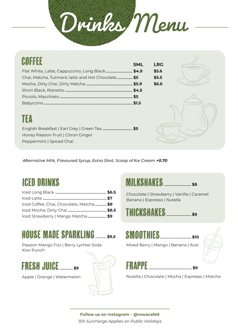 Menu, Rowa Café