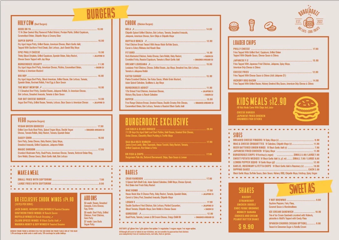 Menu, Burgerooze Sunbury