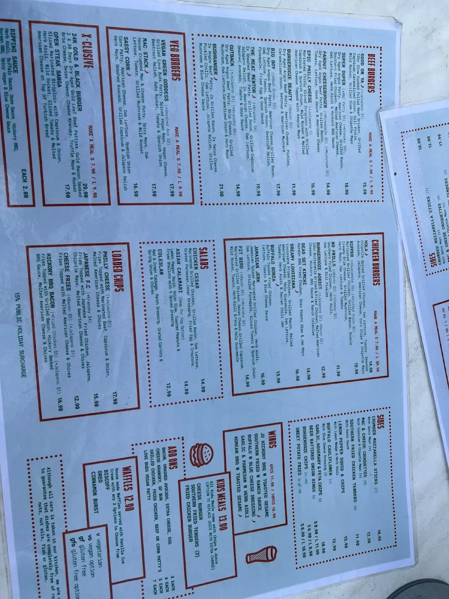 Menu, Burgerooze Sunbury