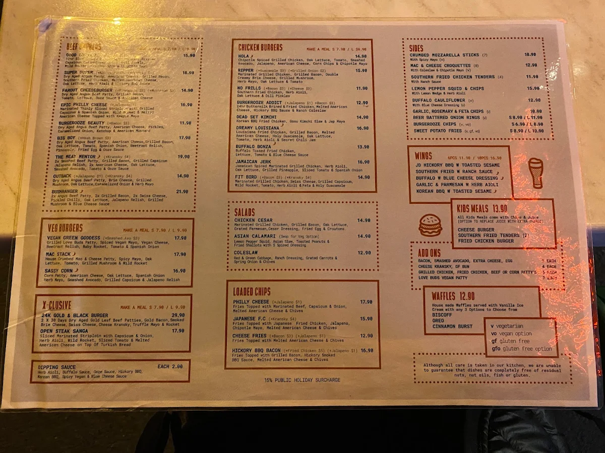 Menu, Burgerooze Sunbury