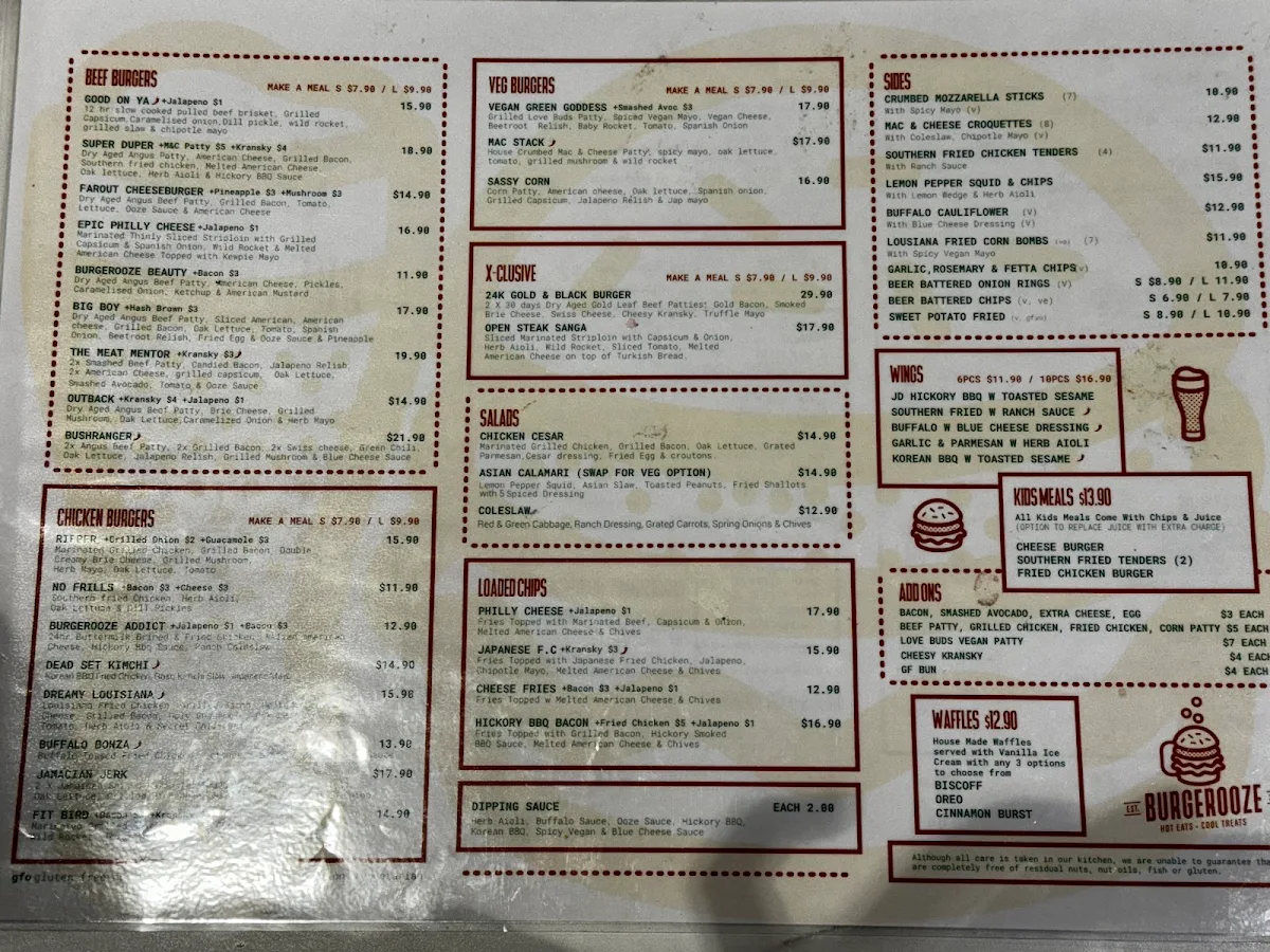 Menu, Burgerooze Sunbury