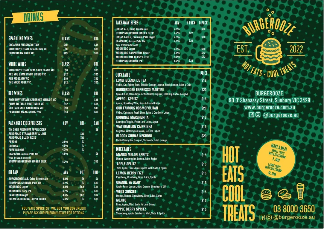 Menu, Burgerooze Sunbury