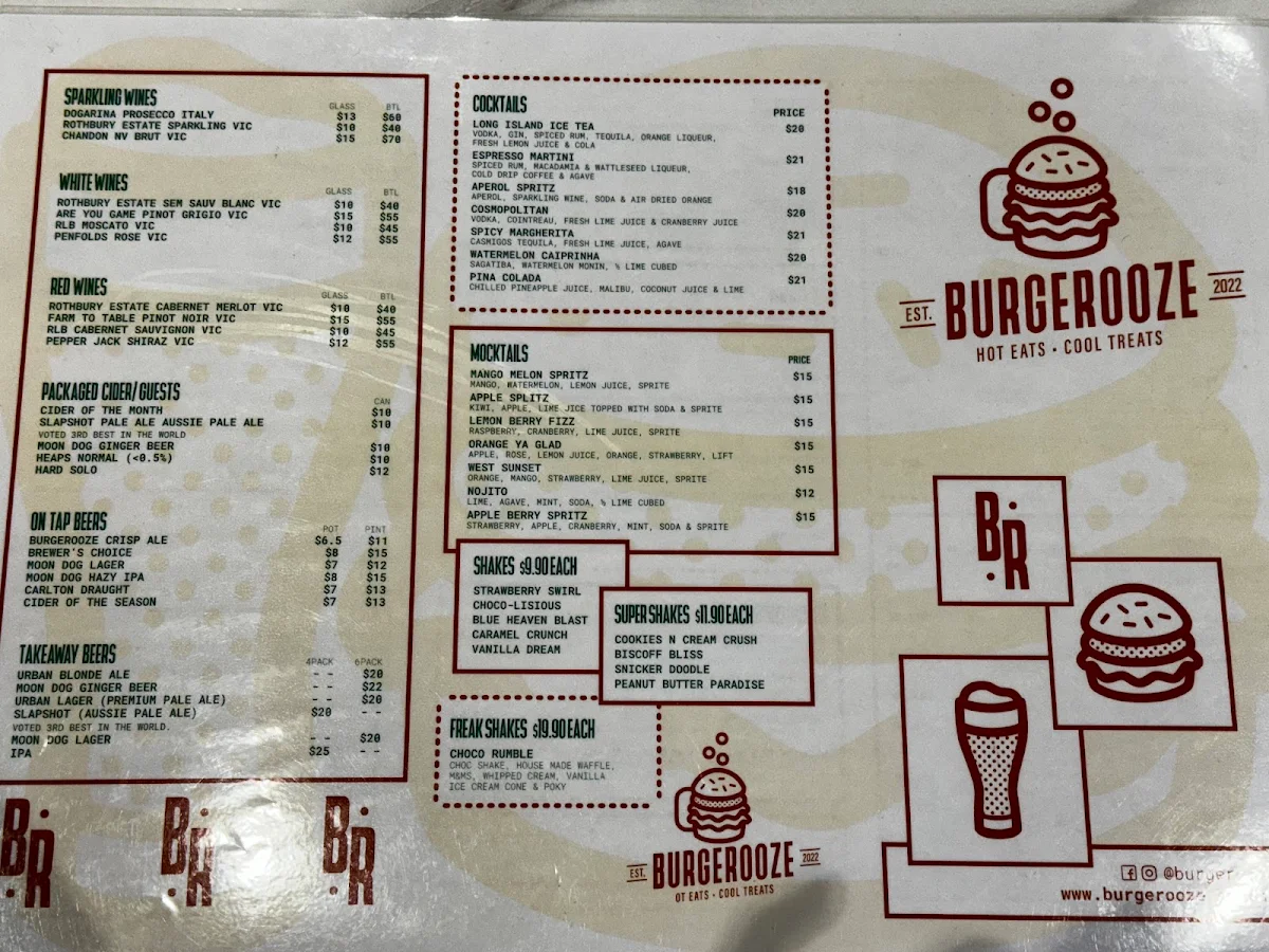 Menu, Burgerooze Sunbury