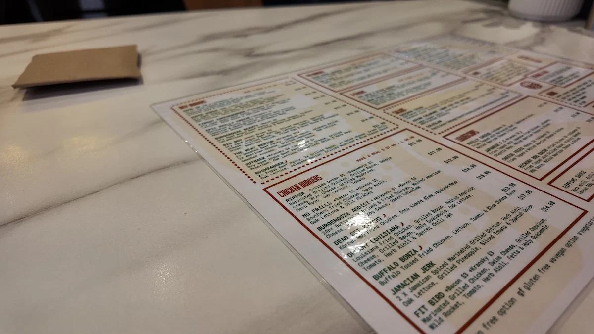 Menu, Burgerooze Sunbury