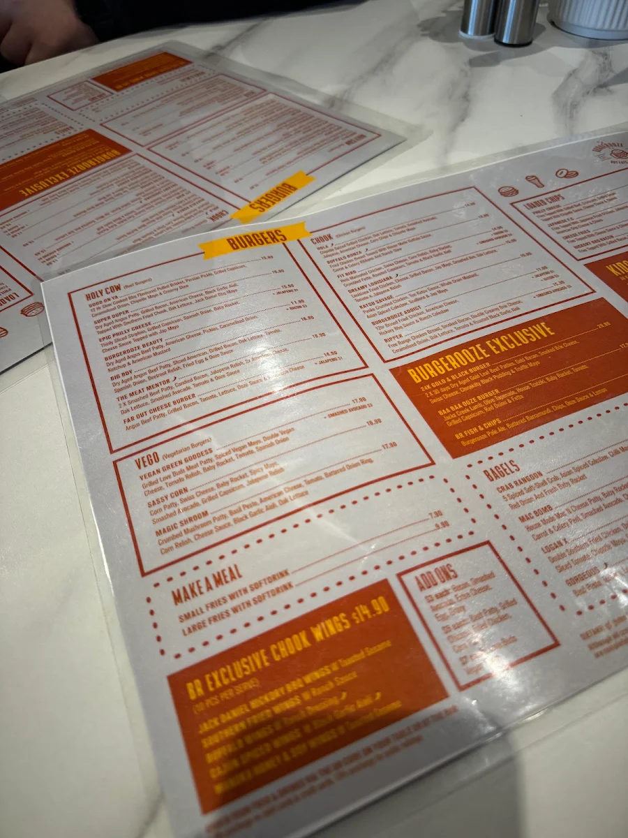 Menu, Burgerooze Sunbury