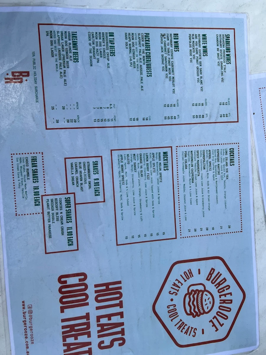 Menu, Burgerooze Sunbury