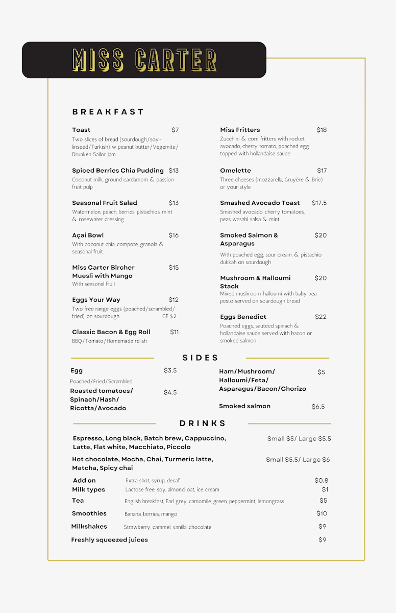 Menu, Miss Carter Cafe