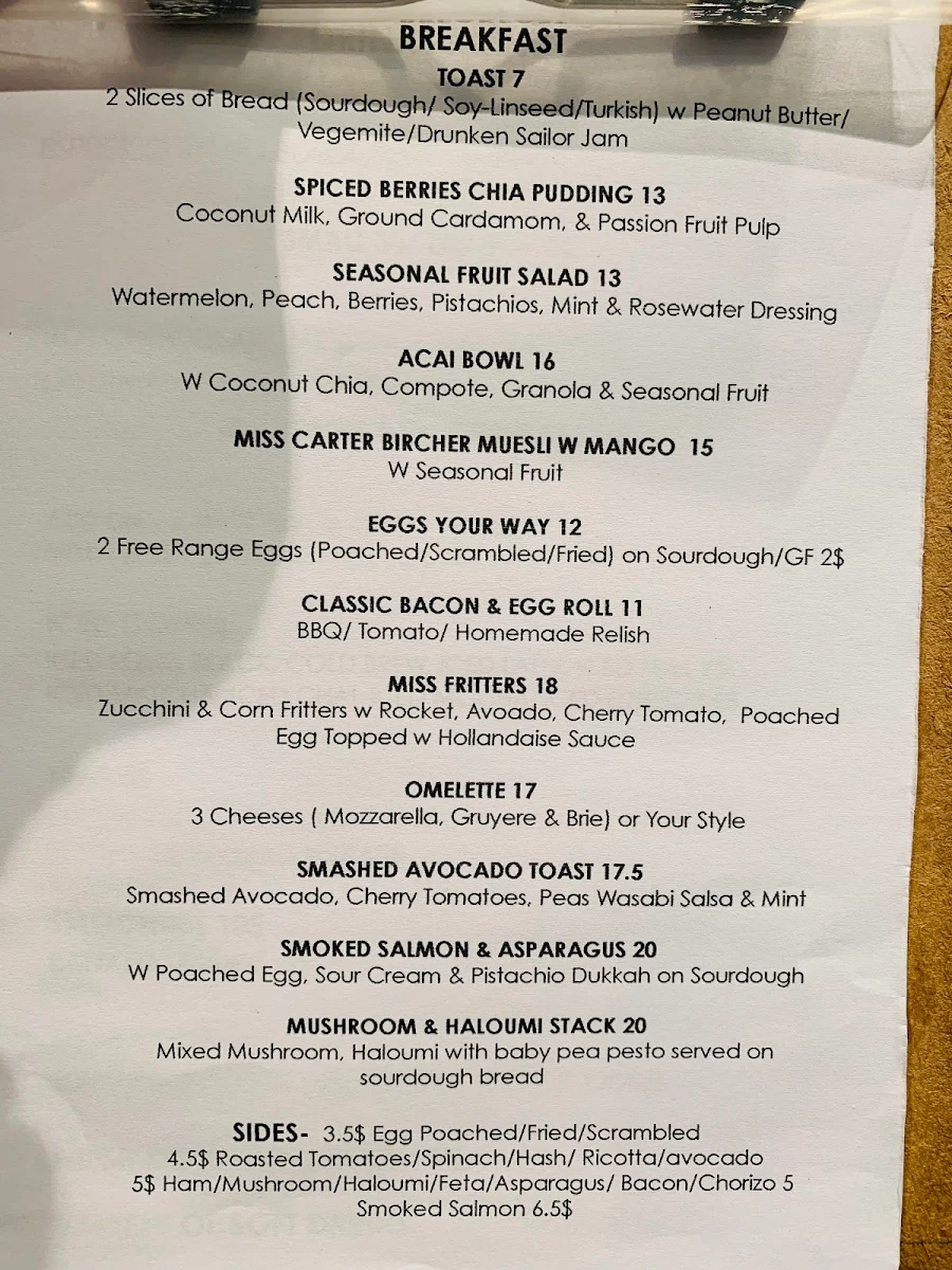 Menu, Miss Carter Cafe