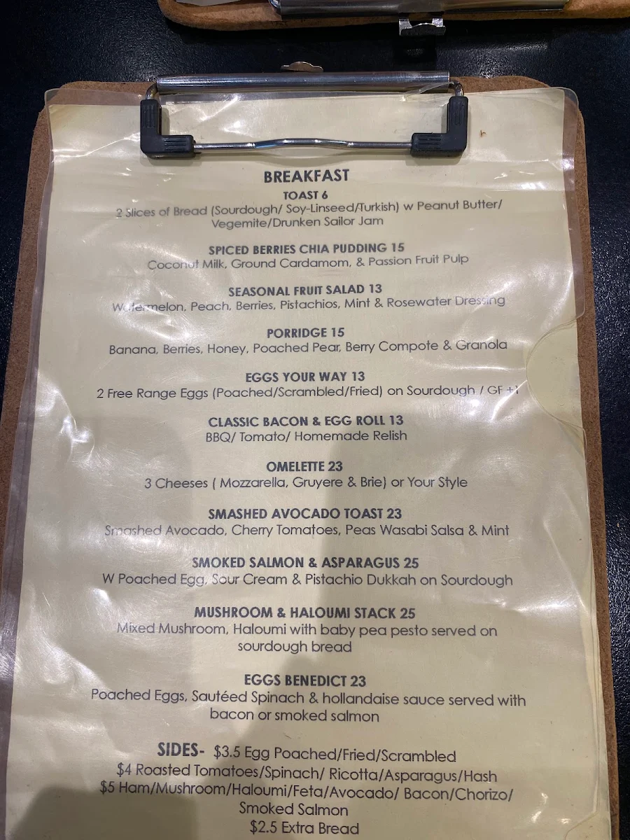 Menu, Miss Carter Cafe