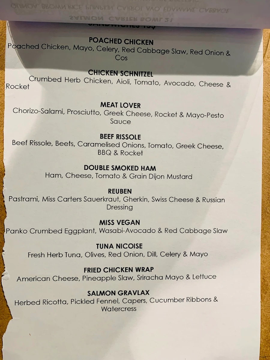 Menu, Miss Carter Cafe