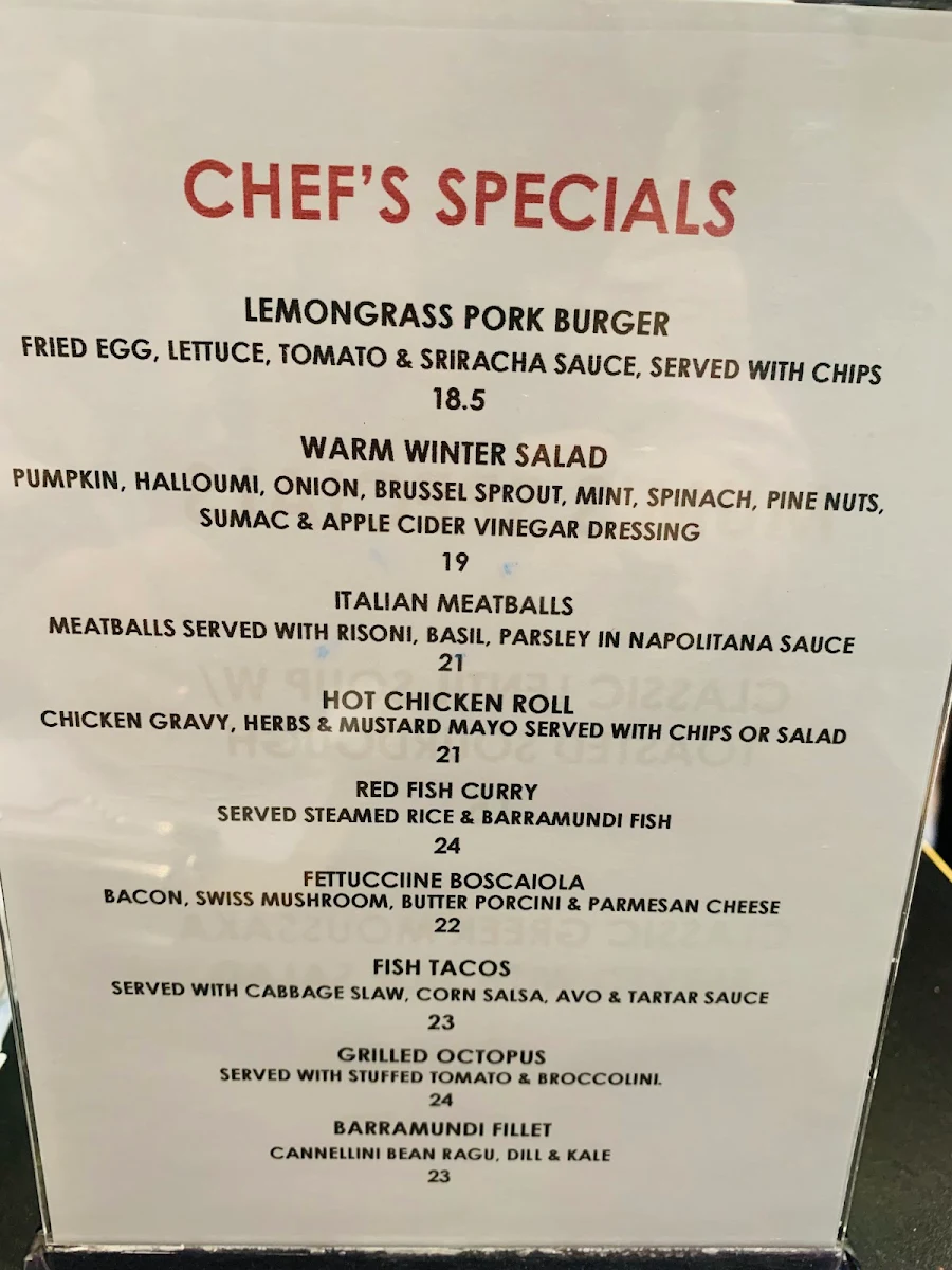 Menu, Miss Carter Cafe