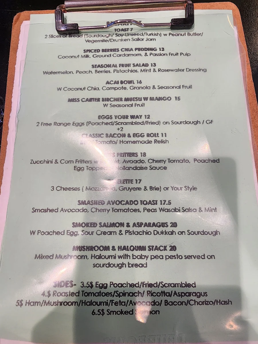 Menu, Miss Carter Cafe