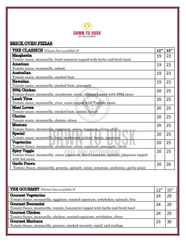 Menu, Dawn to Dusk Cafe and Restaurant