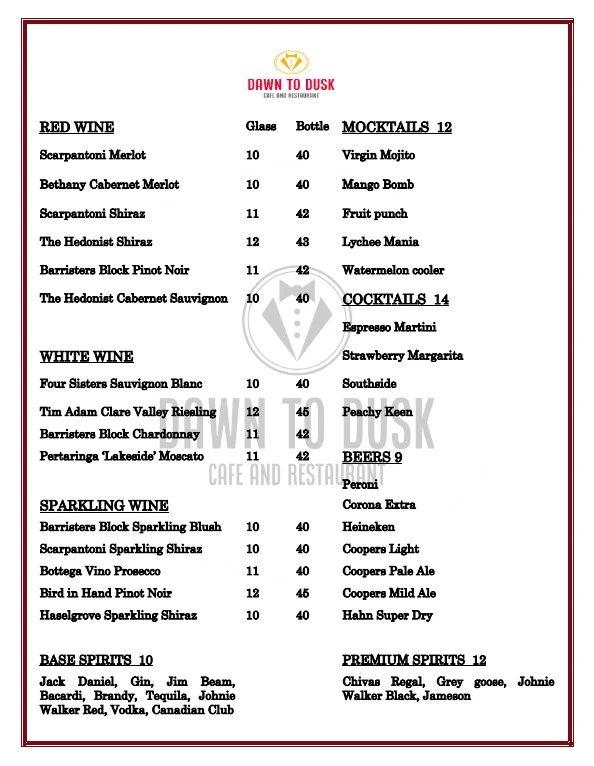 Menu, Dawn to Dusk Cafe and Restaurant