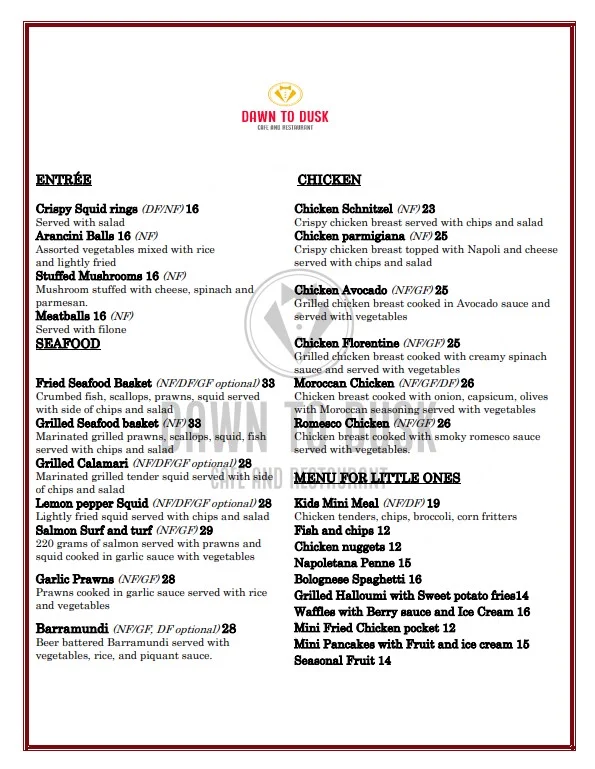 Menu, Dawn to Dusk Cafe and Restaurant