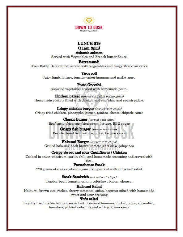 Menu, Dawn to Dusk Cafe and Restaurant