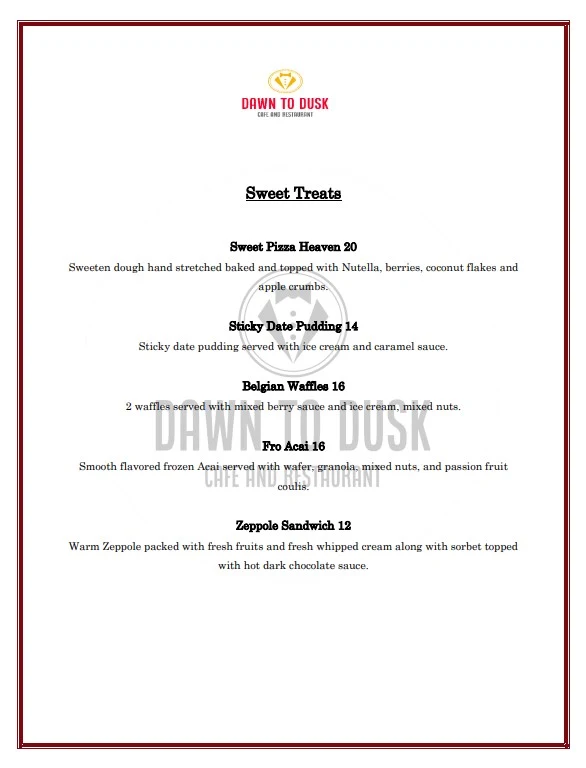 Menu, Dawn to Dusk Cafe and Restaurant