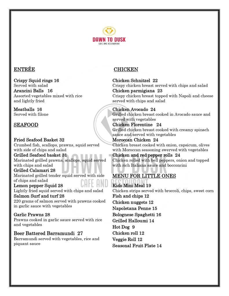 Menu, Dawn to Dusk Cafe and Restaurant