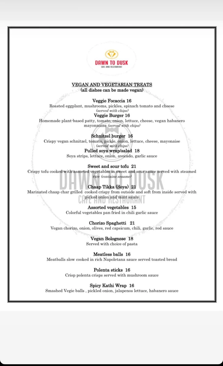 Menu, Dawn to Dusk Cafe and Restaurant