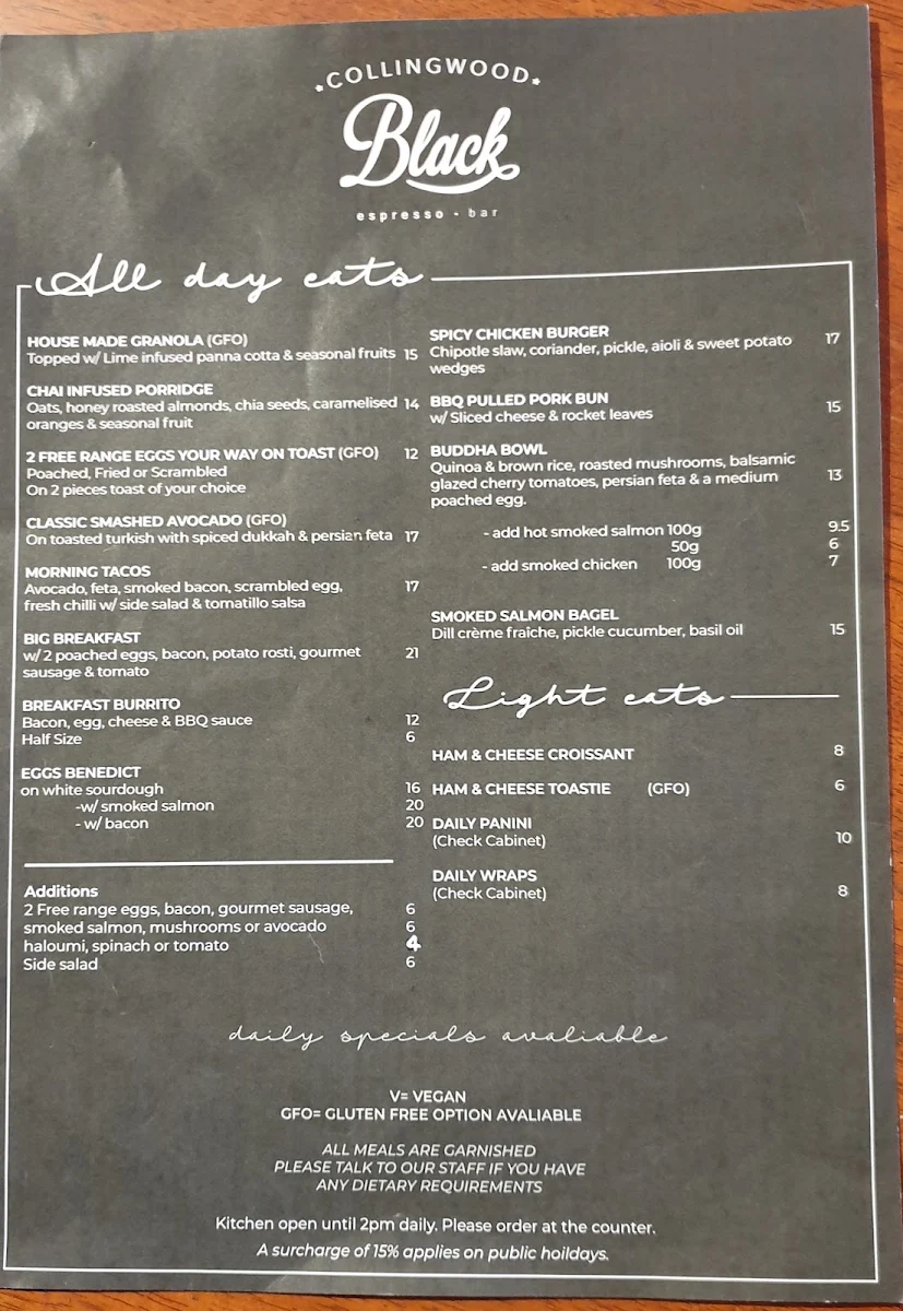 Menu, Collingwood Black Espresso & Bar