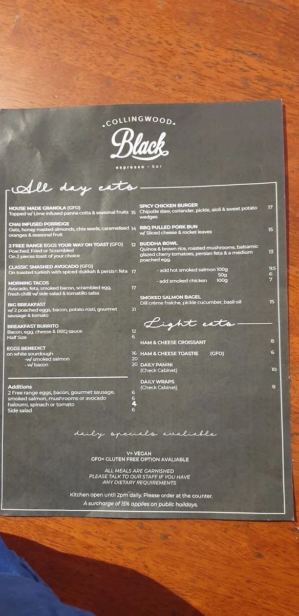 Menu, Collingwood Black Espresso & Bar