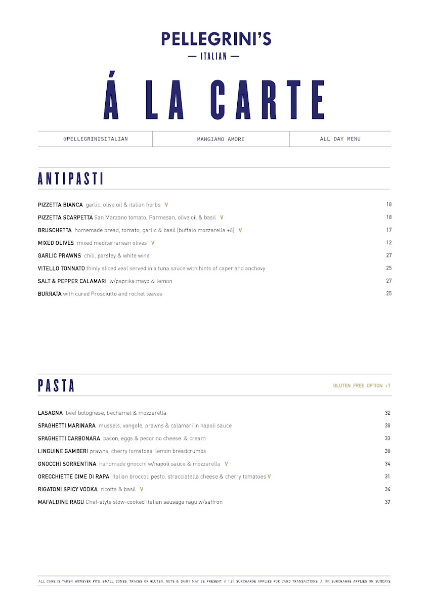 Menu, Pellegrini's Italian Chatswood